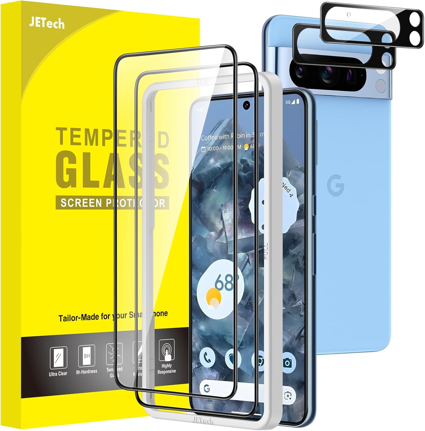 Google Pixel 8 Pro with Camera Lens Protector, Tempered Glass Film, Easy Installation Tool, Fingerprint ID Compatible, HD Clear, 2-Pack Each