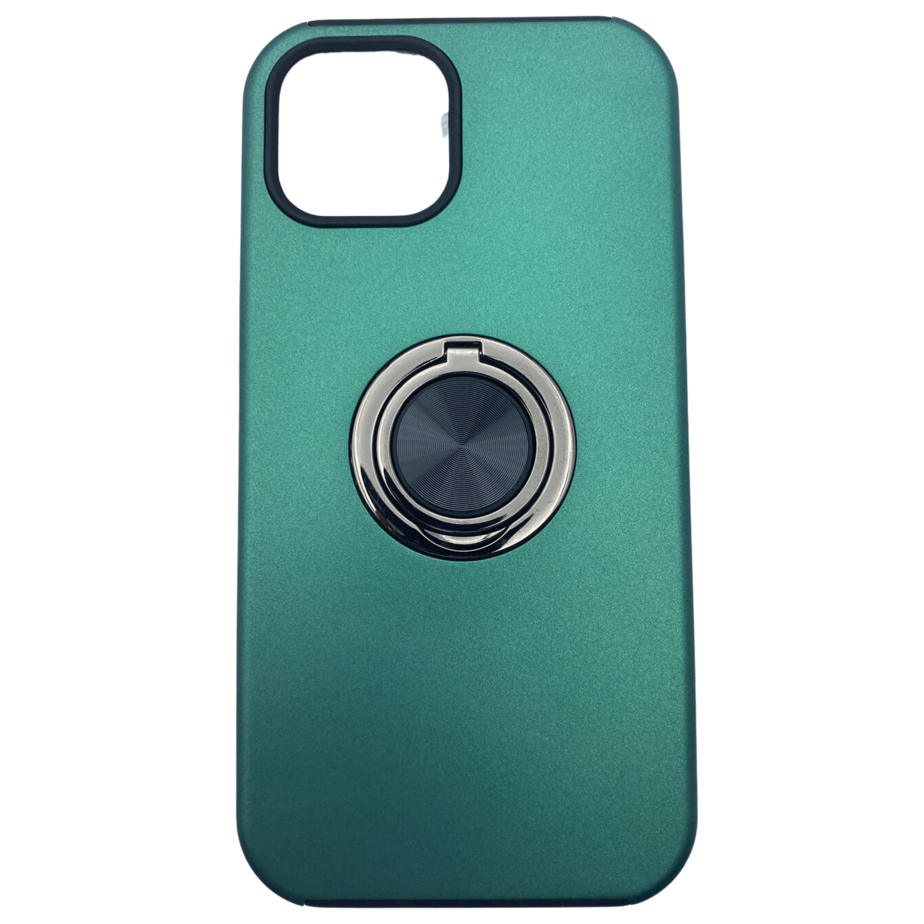 iPhone 15 Case with Metal Ring Holder – Matte Green Rugged Protective Cover