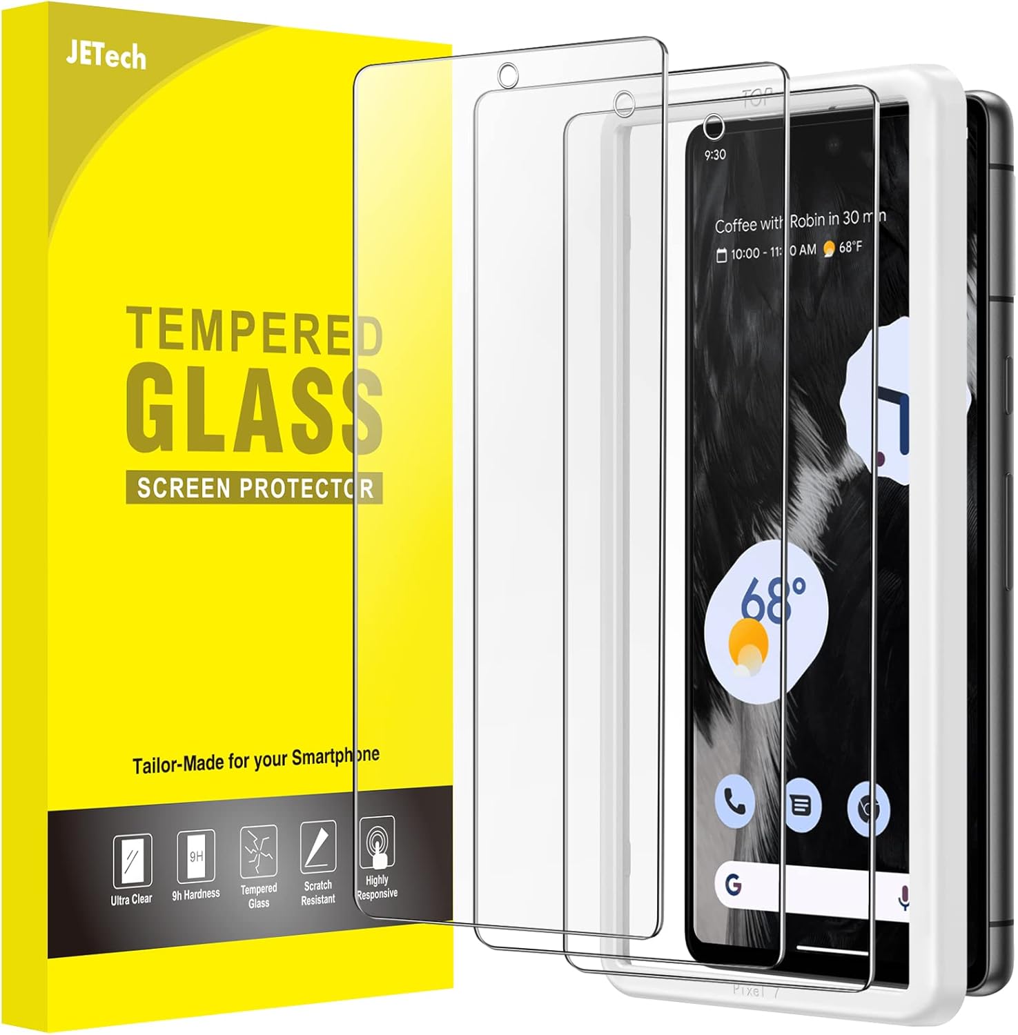 Google Pixel 7, Tempered Glass Film with Easy Installation Tool, Fingerprint Compatible, HD Clear