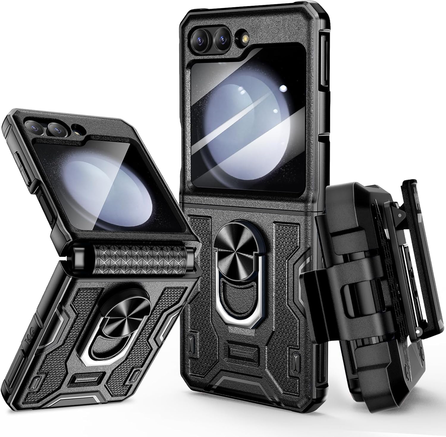 Galaxy Z Flip 5 Case with Stand, 360°Ring Magnetic Ring Kickstand & Belt Clip Holster & Camera Screen Protector & Hinge Protection, Shockproof Cover- Black